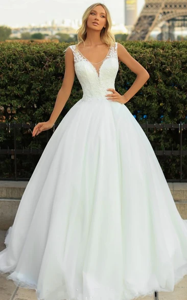 Simple Ball Gown Wedding Dress with Appliques V-neck and Sweep Train Bridal Gown