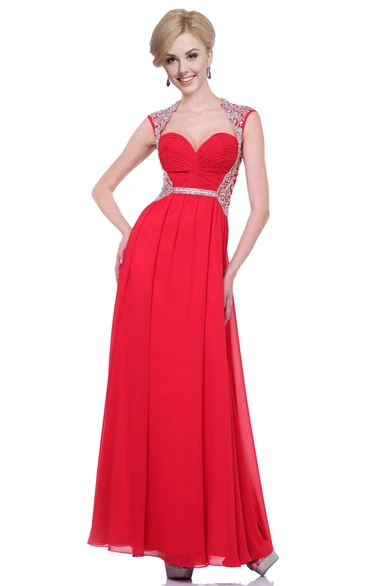 Ankle-Length Chiffon A-Line Dress with Queen Anne Neckline Ruching and Beading