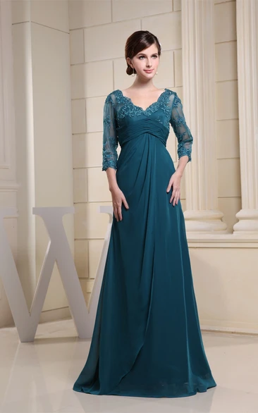 Empire Floor-Length Formal Dress with V-Neck Appliques and Illusion Sleeves