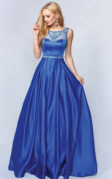 Sleeveless Satin A-Line Dress with Beading and Waist Jewelry