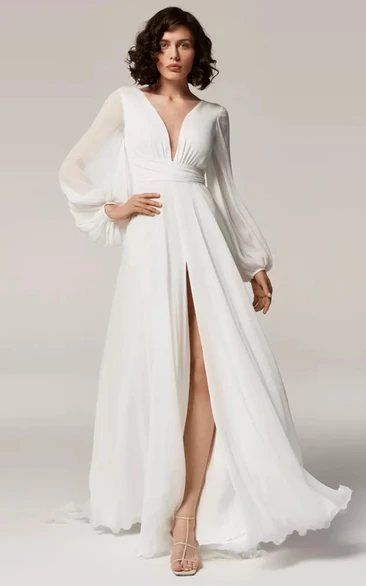 Poet A Line Wedding Dress with Ruching Modern 3/4 Sleeve Chiffon