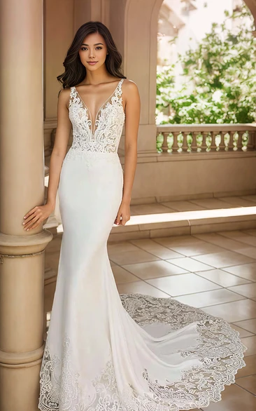 Vintage Sexy Trumpet V-neck Straps Satin Appliques Wedding Dress Elegant Court Sleeveless Floor-length Bridal Gown with Chapel Train Illusion Back