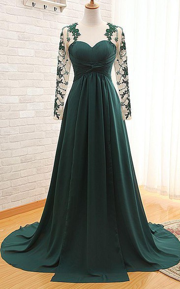 Dark Green Chiffon Long Sleeve Evening Dress with Appliques for Women