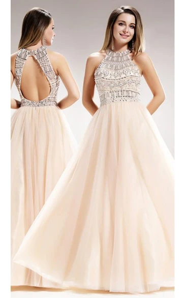 High Neck Ball Gown with Beading for Prom or Formal