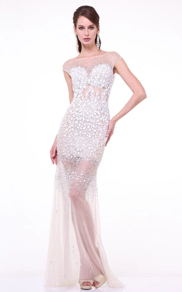 Crystal Sheath Cap-Sleeve Tulle Formal Dress with Deep-V Back