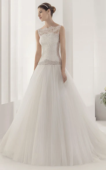 Lace Top Tulle Ball Gown with Crystal Waist Drop