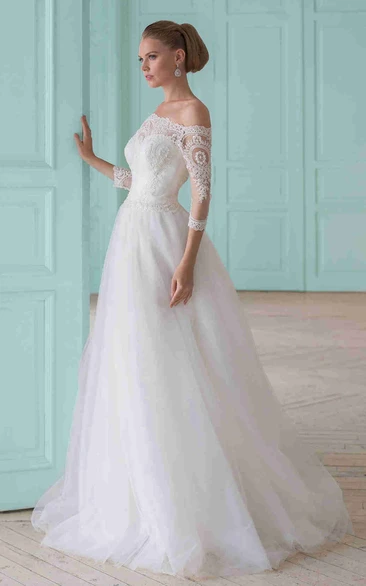 Off-The-Shoulder A-Line Tulle Wedding Dress with Lace and Illusion Long-Sleeve Bridal Gown