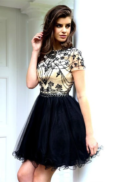 Short-Sleeve Scoop A-Line Prom Dress with Beading and Ruffles Short