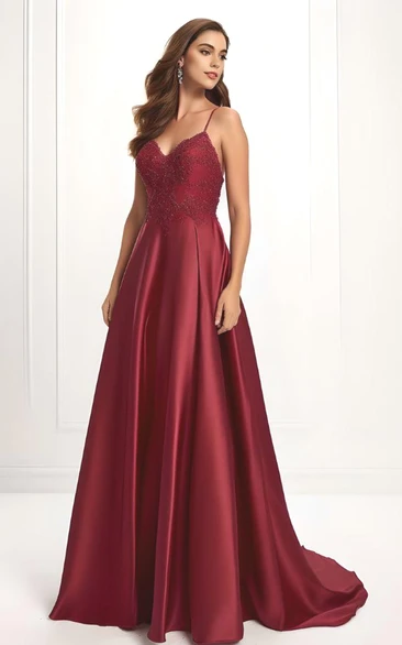 Satin A-Line V-Neck Sleeveless Prom Dress with Train Elegant & Modern Prom Dress
