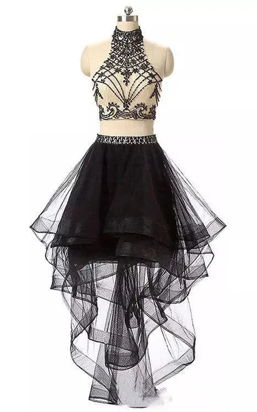 High-low Tulle Homecoming Dress with Sleeveless High Neckline Beading and Ruffles