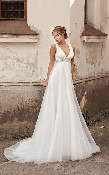 A-Line Chiffon Wedding Dress with V-Neck and Beading