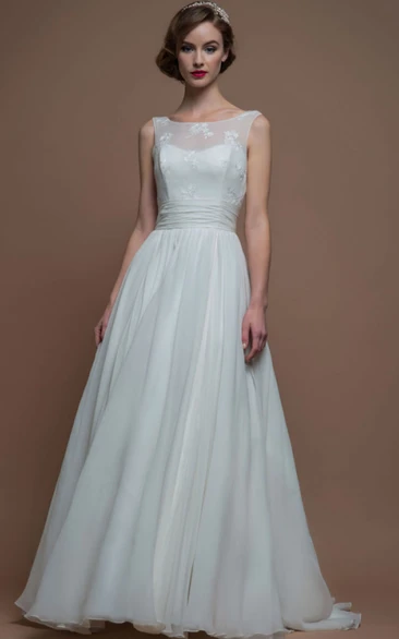 Sleeveless Maxi Appliqued Bateau Wedding Dress A-Line with Low V-Back