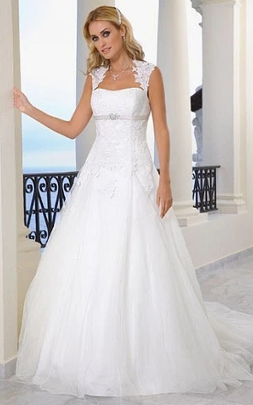 Maxi A-Line Tulle Wedding Dress with Queen Anne and Appliques