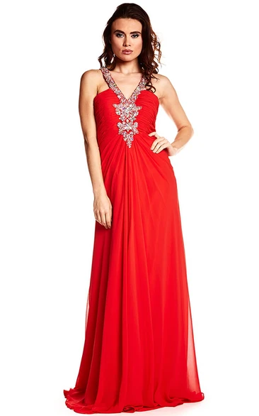 V-Neck Ruched Beaded Chiffon Prom Dress with Straps Prom Dress Women Modern Boho