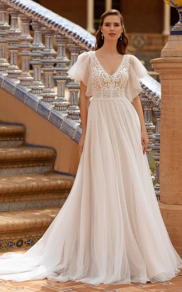 Lace Tulle A-Line V-neck Wedding Dress with Court Train Illusion Sleeve