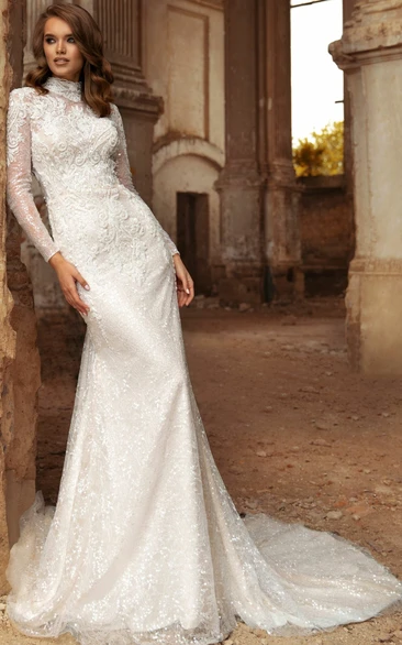 Modern Long Sleeve Lace Wedding Dress with Court Train Sheath and Appliques