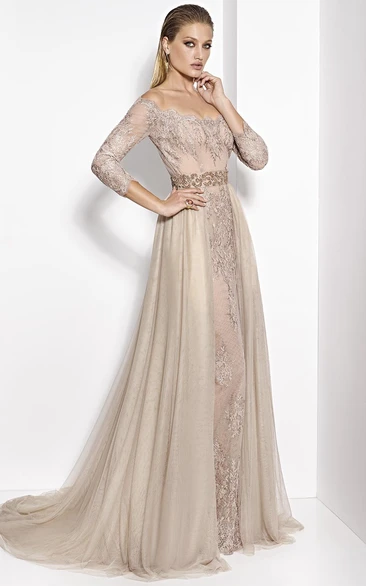 Off-The-Shoulder Appliqued Tulle&Lace Prom Dress Floor-Length A-Line