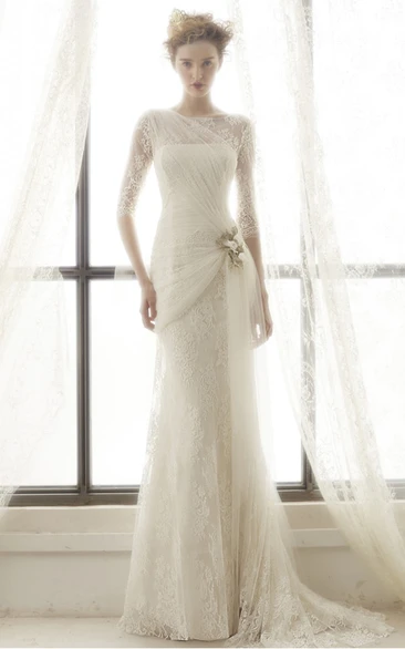 Half-Sleeve High Neck Lace Sheath Wedding Dress with Tulle and Draping