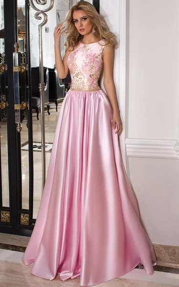 Scoop Neckline Satin Prom Dress with Beaded Appliques and Pleats Flowy Prom Dress Women