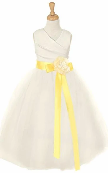 Ankle-Length Tiered Satin Flower Girl Dress with V-Neck