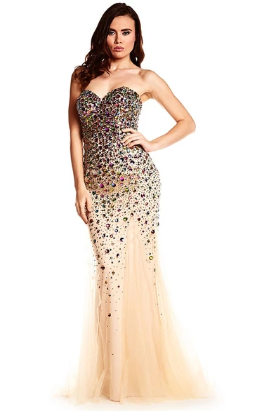 Sleeveless Tulle Mermaid Prom Dress with Sweetheart Neckline and Beaded Embellishments