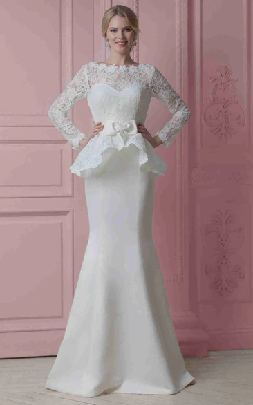 Bateau Satin Wedding Dress with Lace Peplum Long V Back Chapel Train