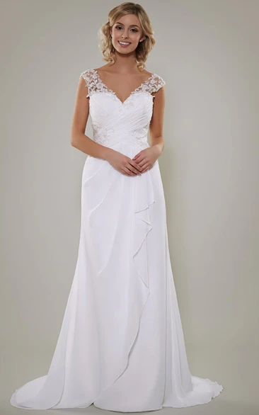 Lace Chiffon Sheath Wedding Dress with V-Neck and Draping