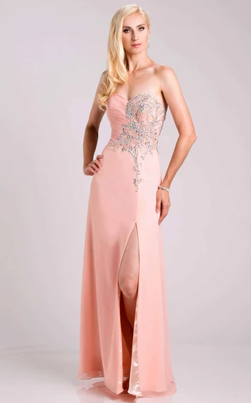 Ruched Chiffon Sweetheart Prom Dress with Side Slit and Pearls Elegant Prom Dress 2024