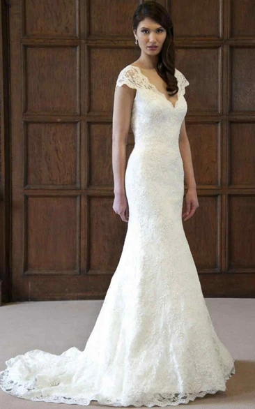 Lace Cap-Sleeve Mermaid Wedding Dress with Keyhole Elegant Bridal Gown