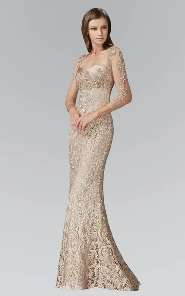 Sheath Lace Beaded Formal Dress with Sweetheart and Long Sleeves