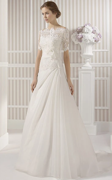 Appliqued Tulle A-Line Wedding Dress with Sleeveless Bateau Neckline