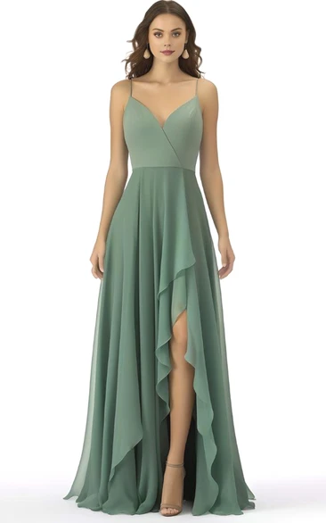 Bohemian Chiffon Spaghetti Bridesmaid Dress with Front Split A-Line Unique Wedding Dress