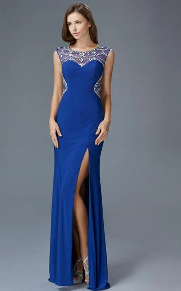 Sleeveless Sheath Jersey Illusion Dress with Beading Split Front and Scoop-Neck Bridesmaid Dress