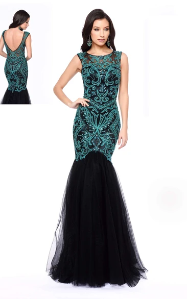 Sleeveless Tulle Mermaid Prom Dress with Low-V Back and Beading