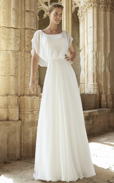 Square Poet-Sleeve Chiffon Wedding Dress with Deep-V Back A-Line Floor-Length