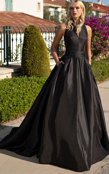 Satin Ruched Ball Gown Sleeveless Evening Dress Modern