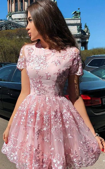 Adorable Short Lace a Line Homecoming Dress with V-Neck and Pink Unique Appliques Mini Party Prom Dress