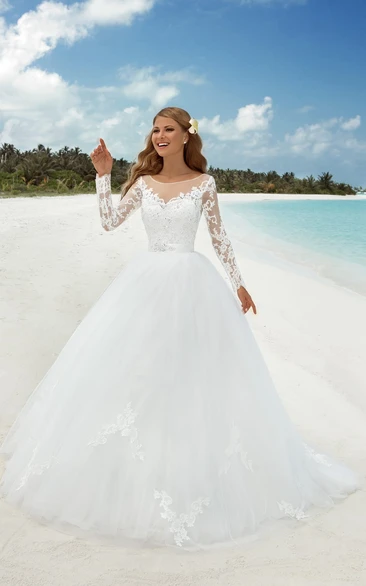 Illusion Tulle Ball Gown Dress with Beading and Appliques Floor-Length
