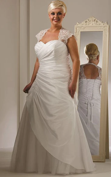 Lace Cap-Sleeve Taffeta Wedding Dress with Tulle Skirt and Lace Up Back