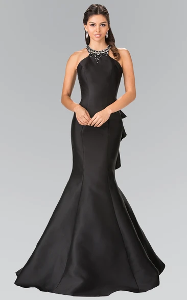 Beaded Satin Mermaid Prom Dress with Scoop Neckline