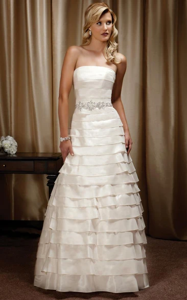 Tiered Satin A-Line Strapless Wedding Dress with Waist Jewellery and Lace-Up Back