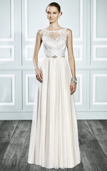 Sleeveless Sheath Lace Wedding Dress with Illusion Back and Pleats