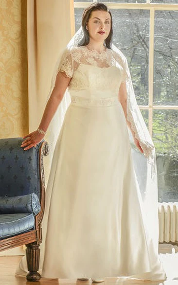 High-Neck Scalloped Lace Top Taffeta Wedding Dress with Short Sleeves