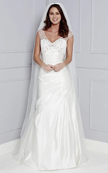 Beaded V-Neck A-Line Wedding Dress with Cap Sleeves