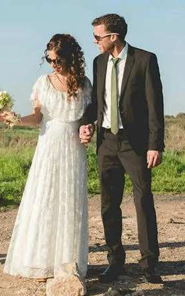 Lace and Pleated Wedding Dress Boho Scoop-Neck Unique