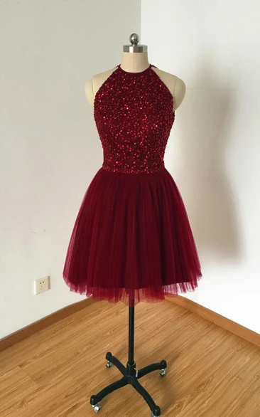 Burgundy Tulle Short Bridesmaid Dress with Kayhole Back and Beading Classy Party Dress