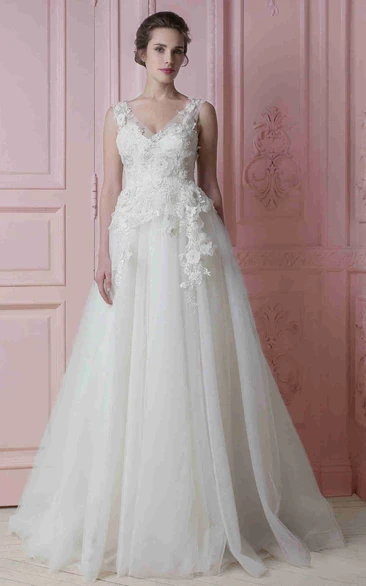 A-Line Tulle Wedding Dress With Flower Appliques Sleeveless V-Neck Floor-Length Romantic