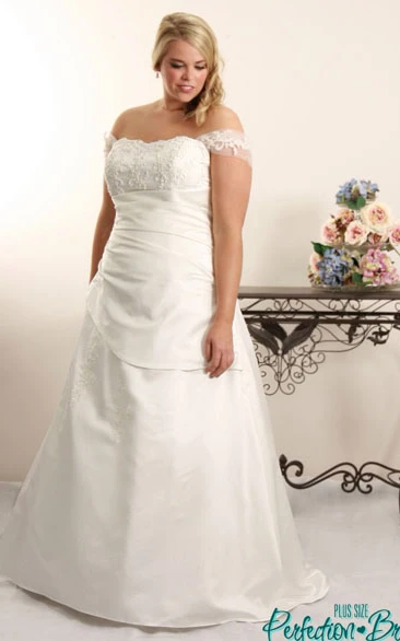 Plus Size A-Line Wedding Dress with Appliques Long Off-The-Shoulder Satin