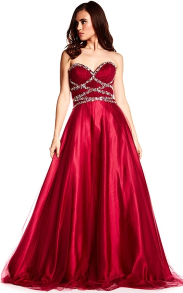 Ruched Satin Sweetheart A-Line Prom Dress with Beading Elegant Long Sleeveless Gown