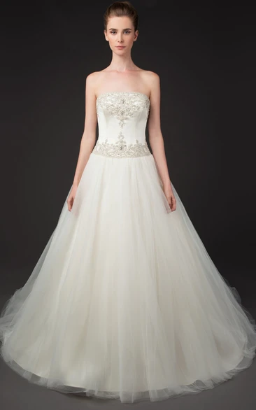 A-Line Beaded Tulle Wedding Dress with Chapel Train Strapless Elegant Bridal Gown